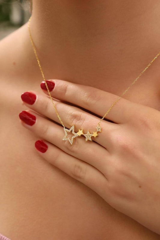 925 Ayar Gümüş Zirkon Taşlı Sıralı Yıldız Kolye - ÖzelSen