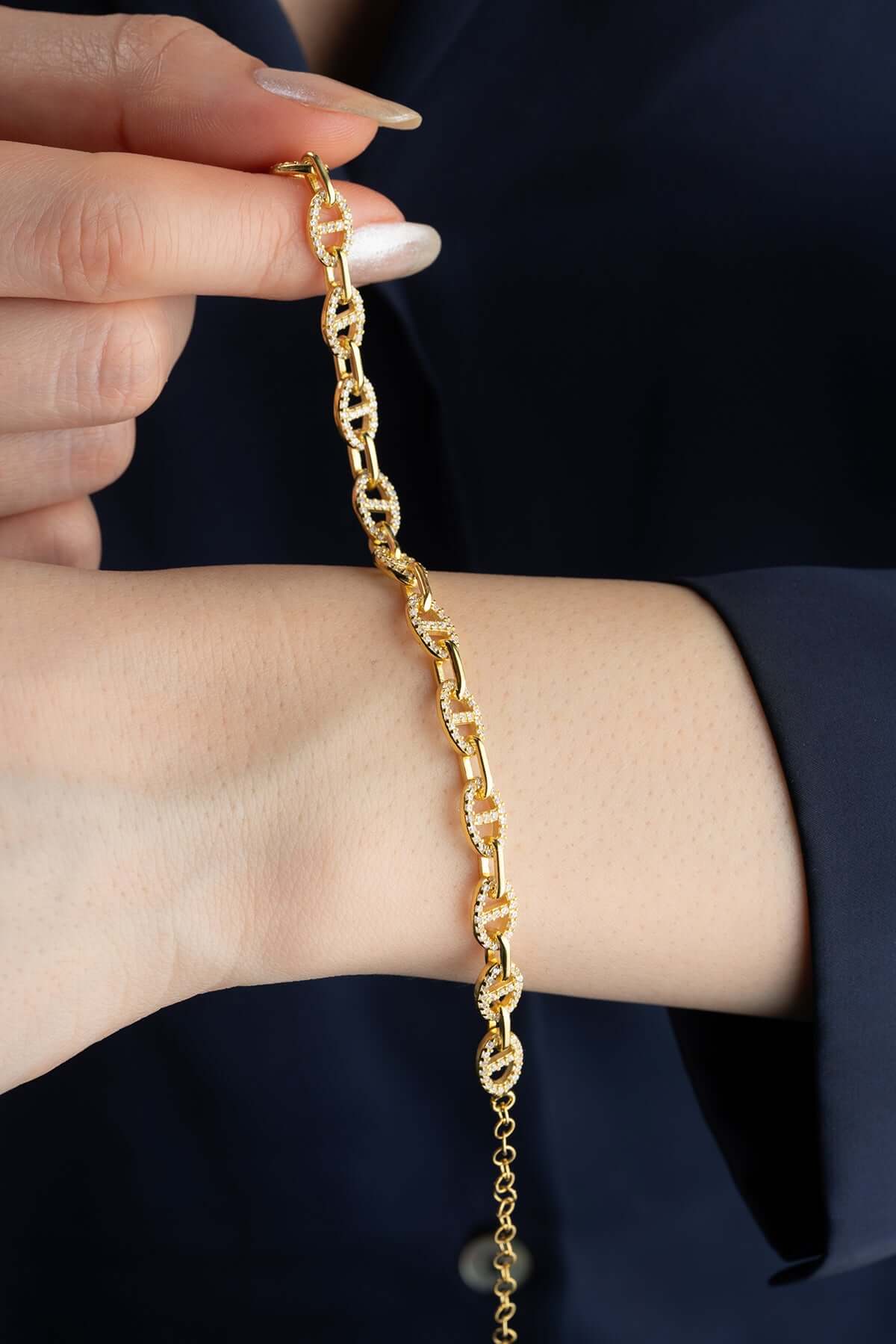 925 Ayar Gümüş Zirkon Taşlı Zincir Bileklik - ÖzelSen