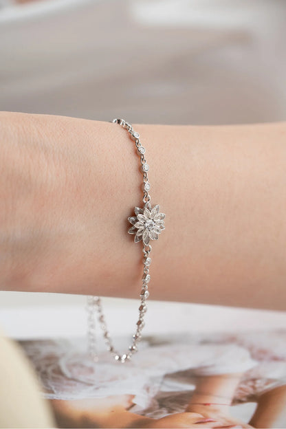 Taşlı Lotus Çiçeği Suyolu 925 Ayar Gümüş Bileklik – 2
