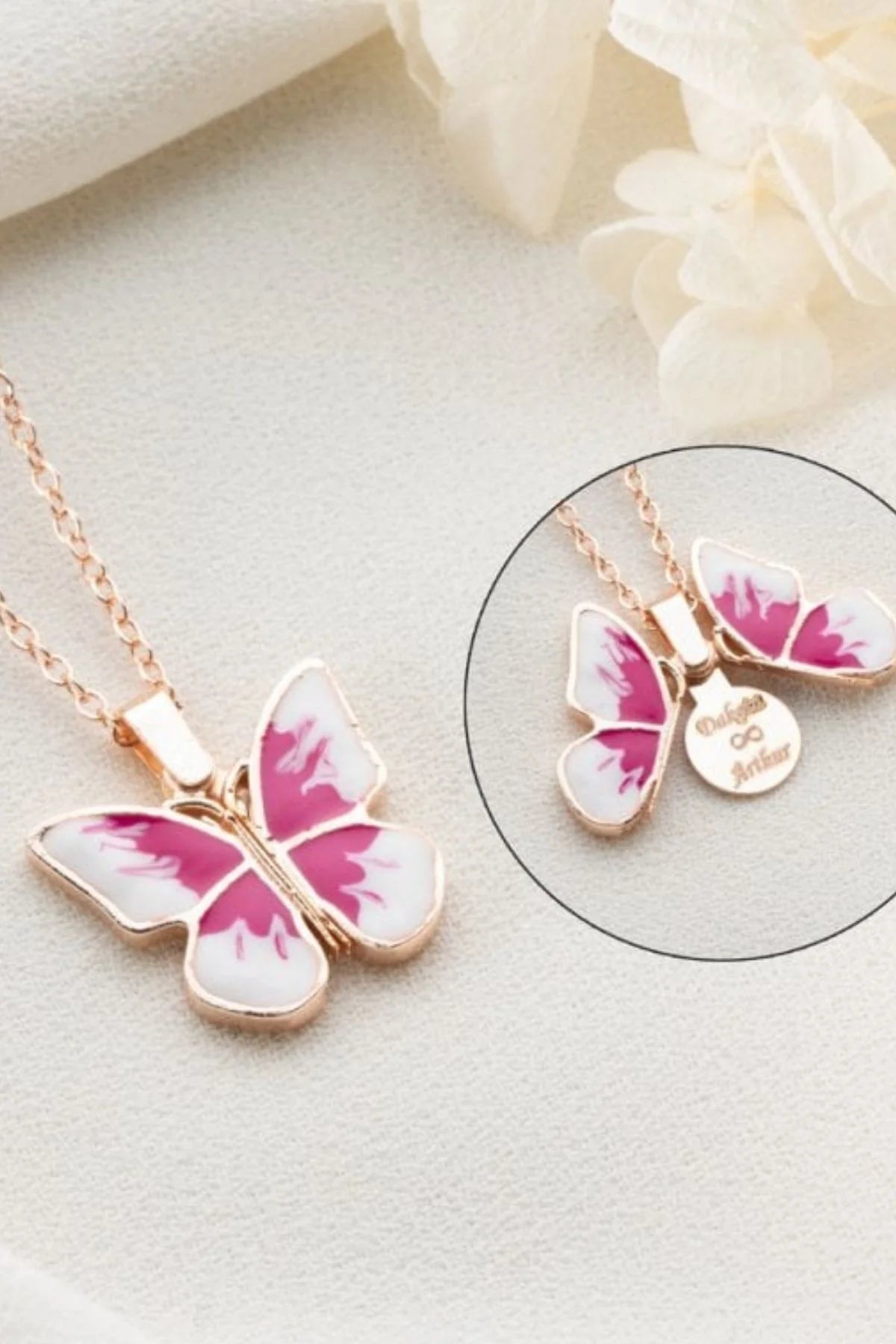 İsimli Açılabilen Kelebek 925 Ayar Rose Kaplama Gümüş Kolye
