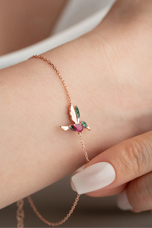 Zirkon Taşlı Arı Kuşu 925 Ayar Rose Kaplama Gümüş Bileklik