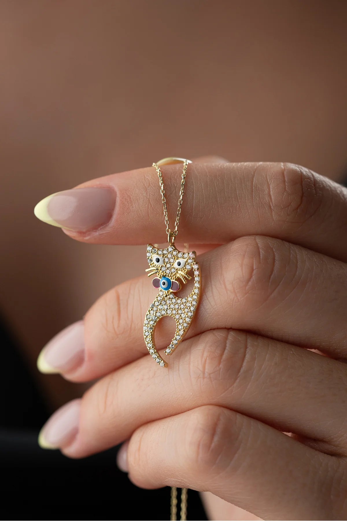 Zirkon Taşlı Kedi 925 Ayar Altın Kaplama Gümüş Kolye