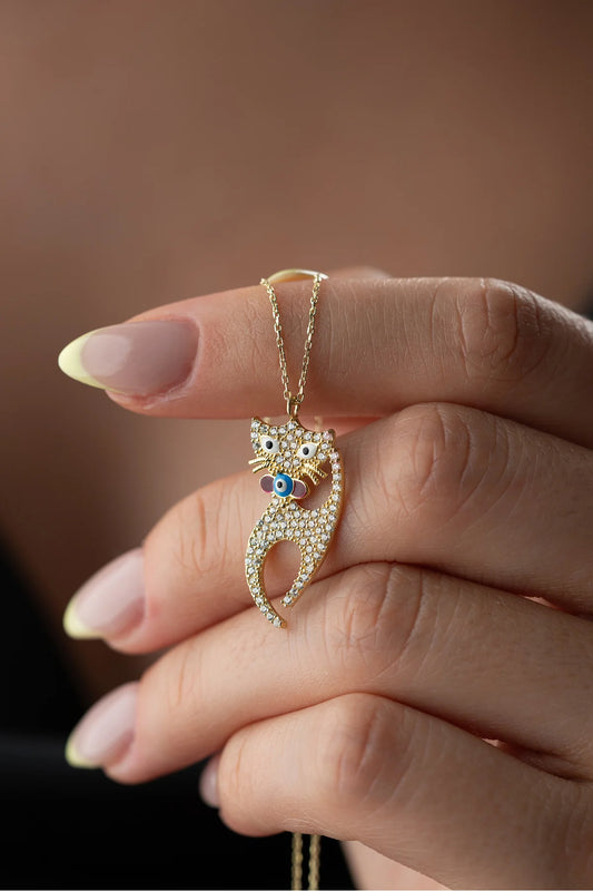 Zirkon Taşlı Kedi 925 Ayar Altın Kaplama Gümüş Kolye
