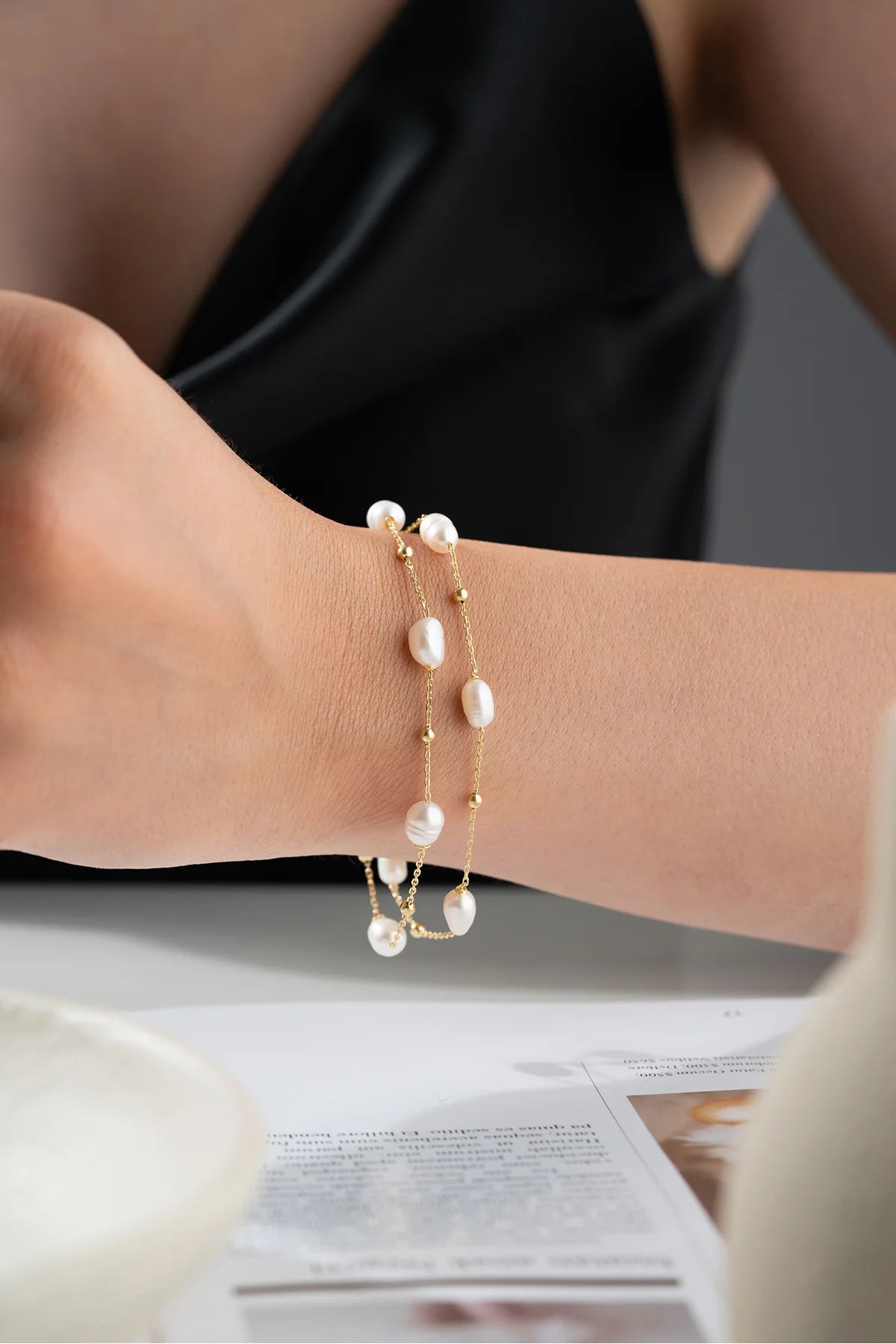Double Row Pearl Chain 925 K Gold Plated Silver Bracelet
