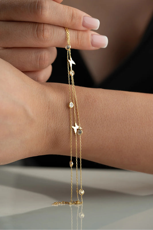Kelebek Taşlı 925 Ayar Altın Kaplama Gümüş Bileklik