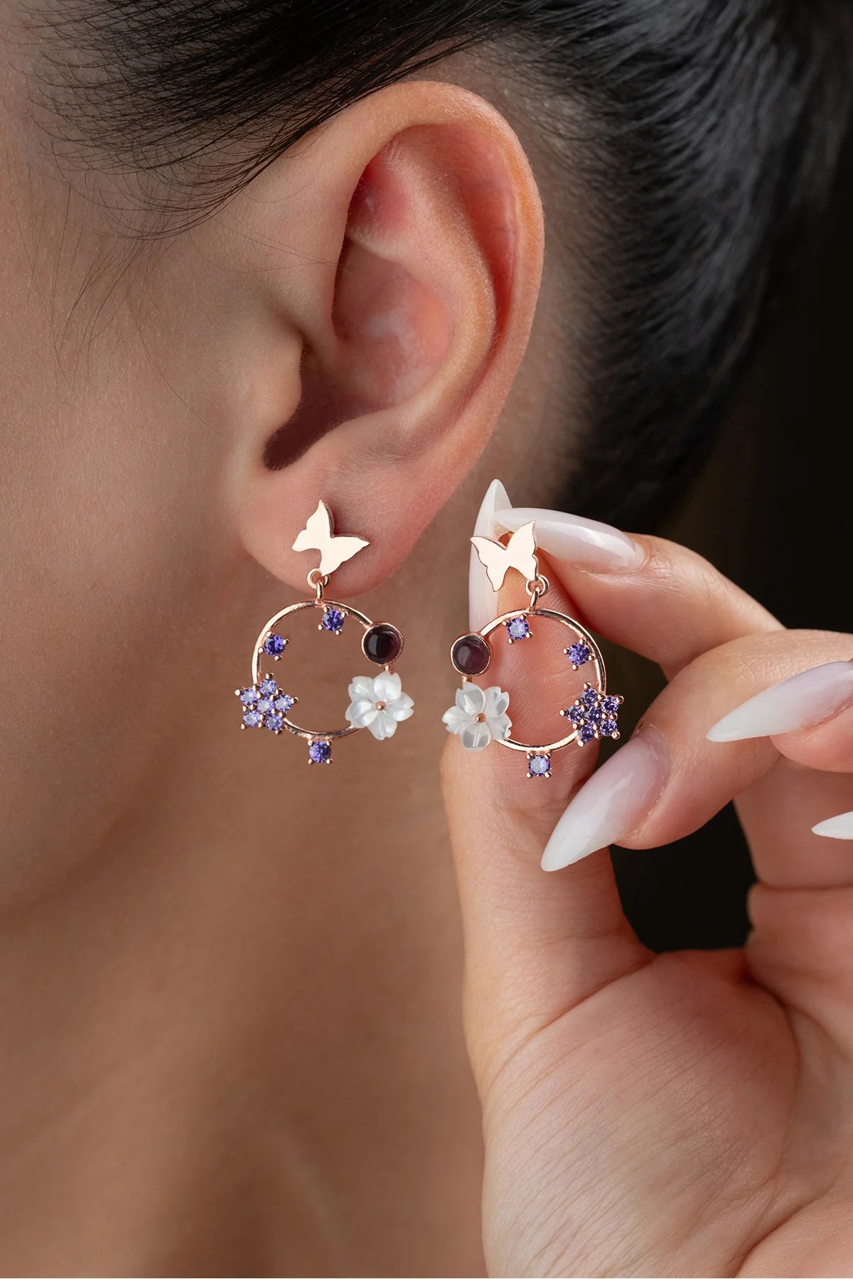 Taşlı Sedefli 925 Ayar Rose Kaplama Gümüş Küpe – 2