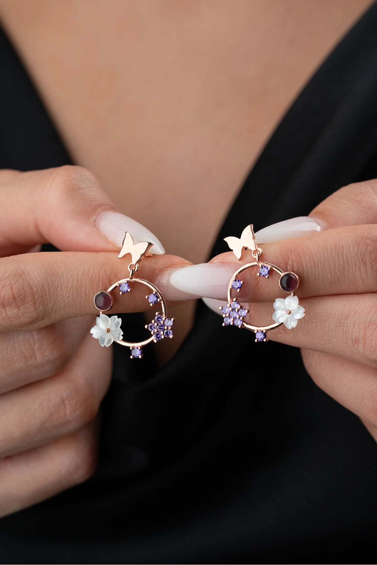 Taşlı Sedefli 925 Ayar Rose Kaplama Gümüş Küpe – 2