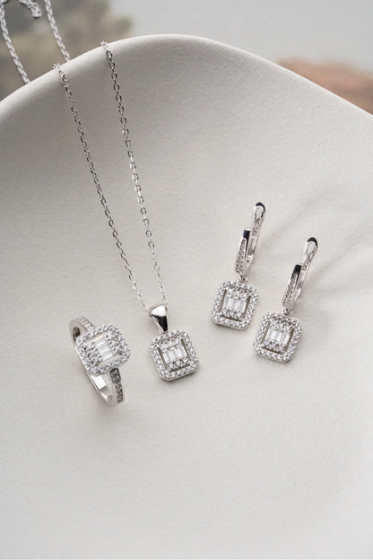 Zirkon Taşlı Baget 925 Ayar Gümüş Set