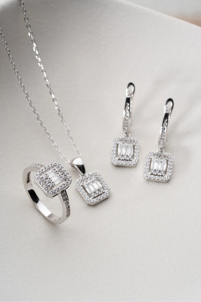 Zirkon Taşlı Baget 925 Ayar Gümüş Set
