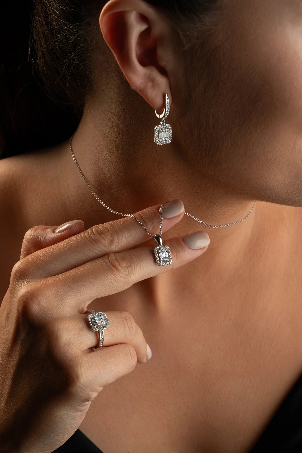 Zirkon Taşlı Baget 925 Ayar Gümüş Set