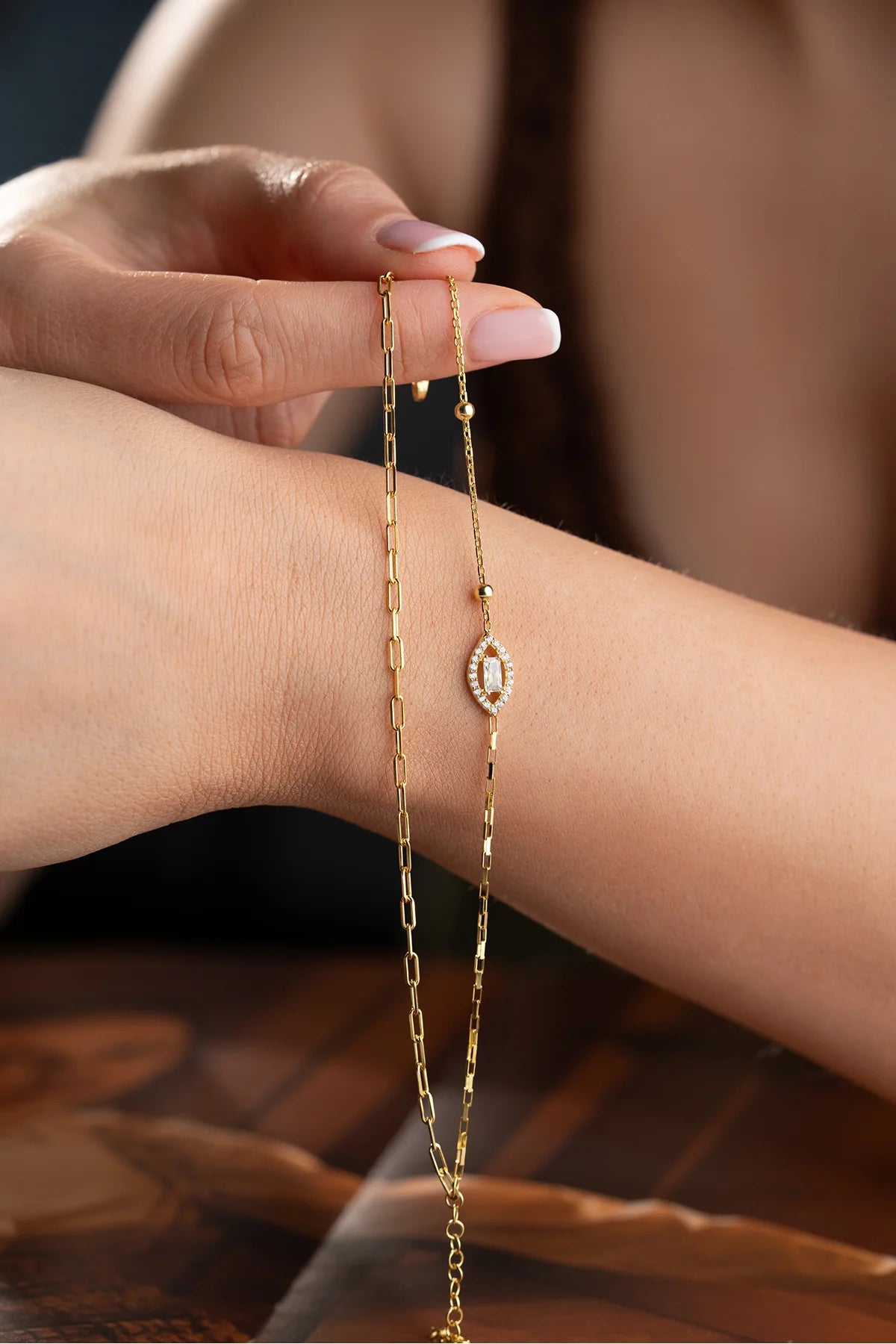 Baguette Stone-set Marquise 925 K Gold Plated Silver Bracelet