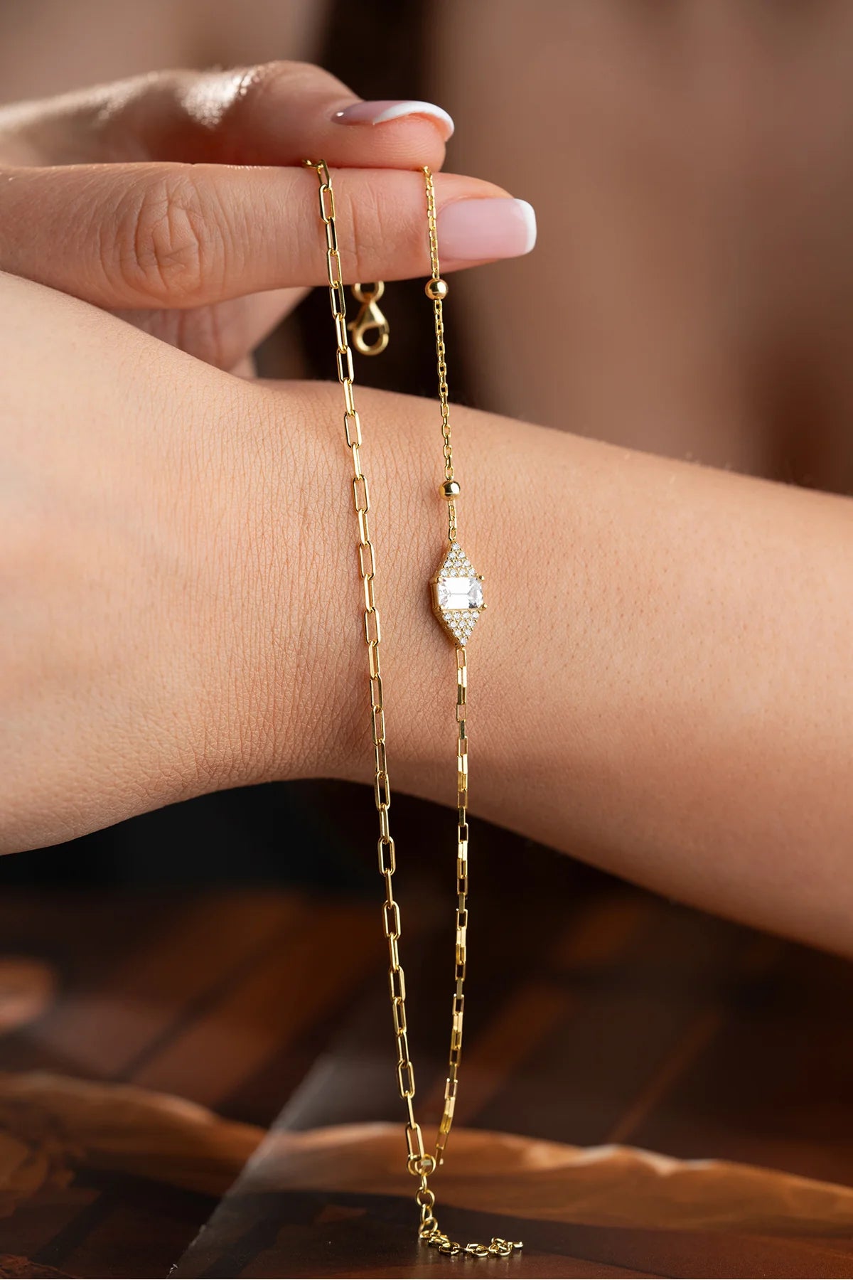 Baguette Stone-set 925 K Gold Plated Silver Bracelet