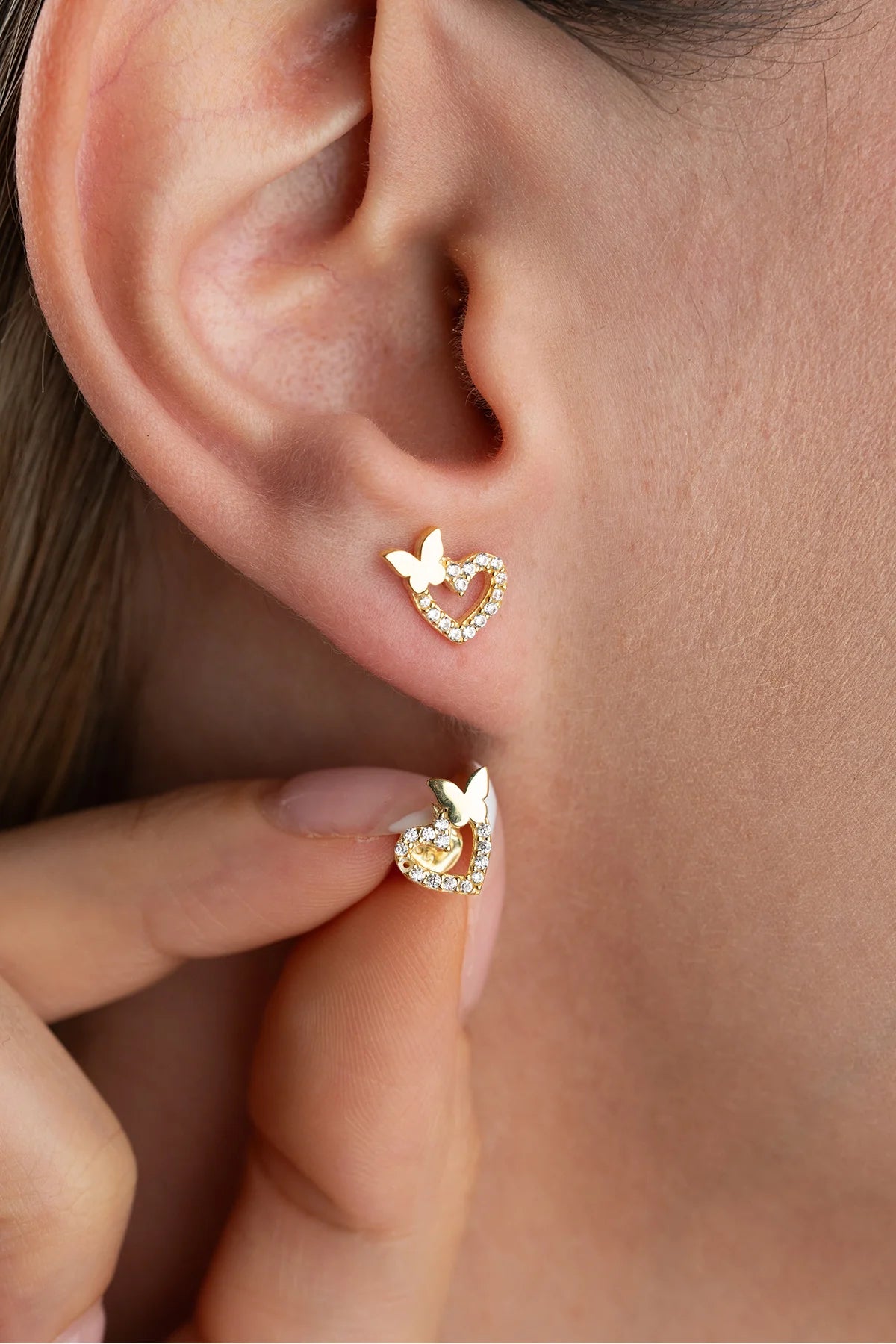 Kelebekli Kalp 925 Ayar Altın Kaplama Gümüş Küpe