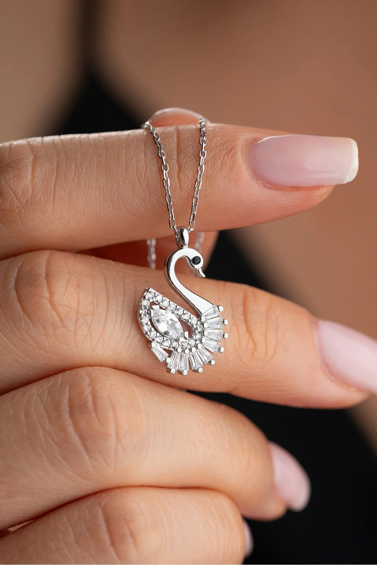 Baget Taşlı Kuğu 925 Ayar Gümüş Kolye – 4