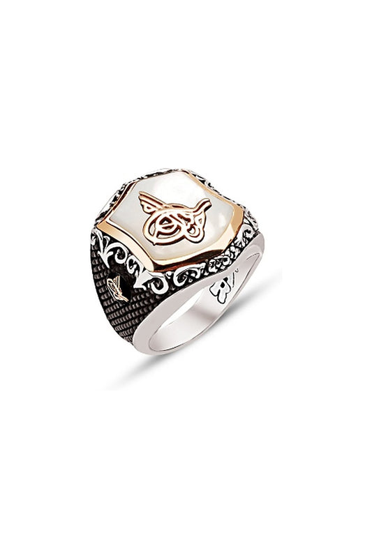 Gümüş Özel Kesim Sedef Taş Üstü Tuğralı Yanları Tuğra İşlemeli Yüzük