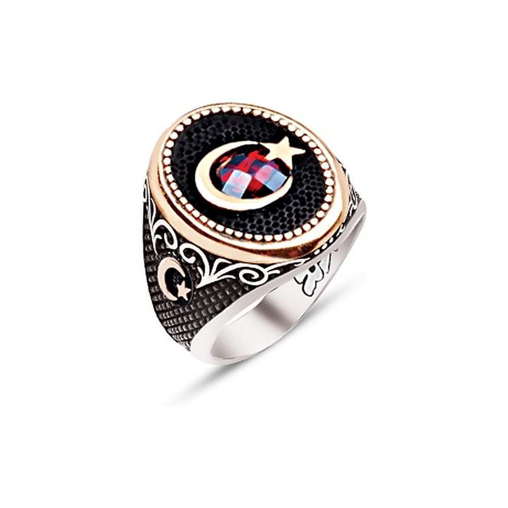 Gümüş Türk Bayrağı Ay Yıldız Temalı Garnet Taşlı Yüzük