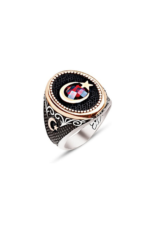 Gümüş Türk Bayrağı Ay Yıldız Temalı Garnet Taşlı Yüzük