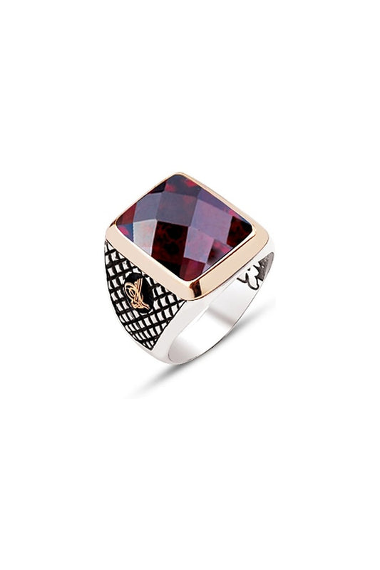 Gümüş Fasetli Garnet Zirkon Taşlı Yanlar Osmanlı Tuğralı Motifli Yüzük