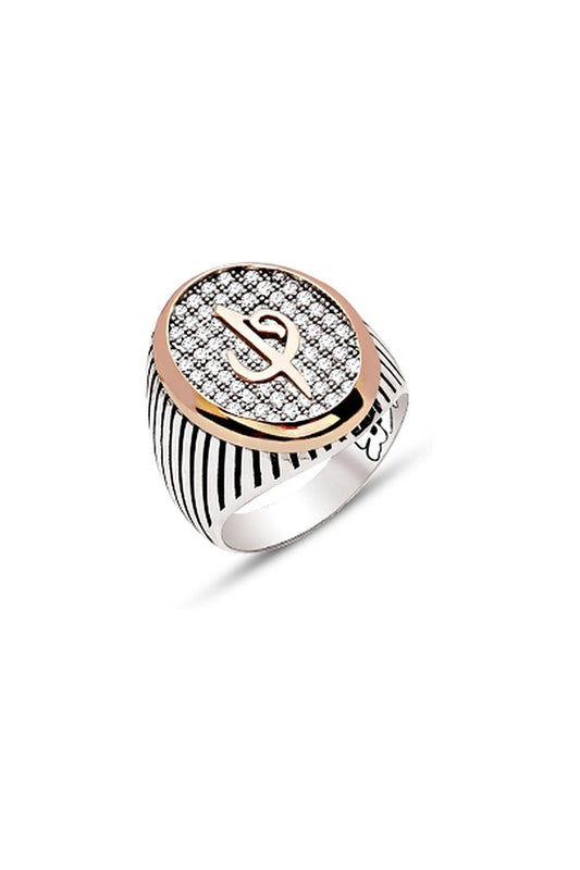 Gümüş Beyaz Zirkon Taş Üzeri Elif Vav Temalı Çizgili Kasa Erkek Yüzük