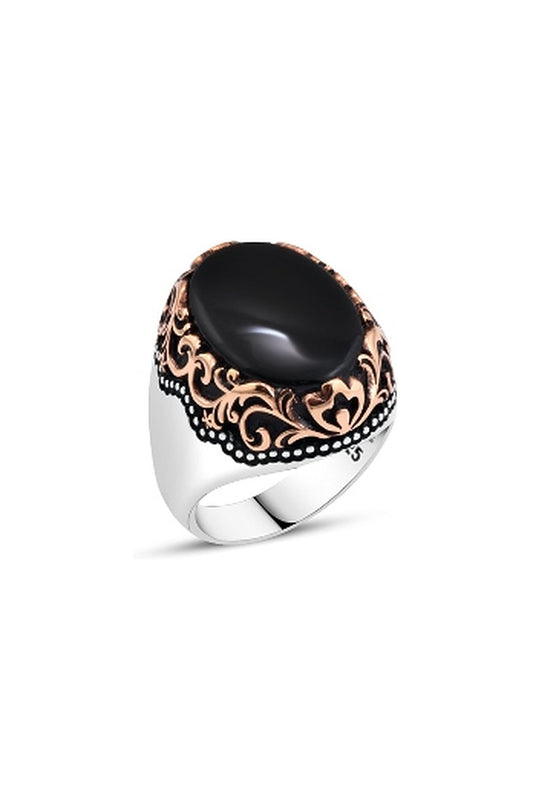 Düz Oniks Taşlı Erkek Yüzük - Oval Motifli Bordür