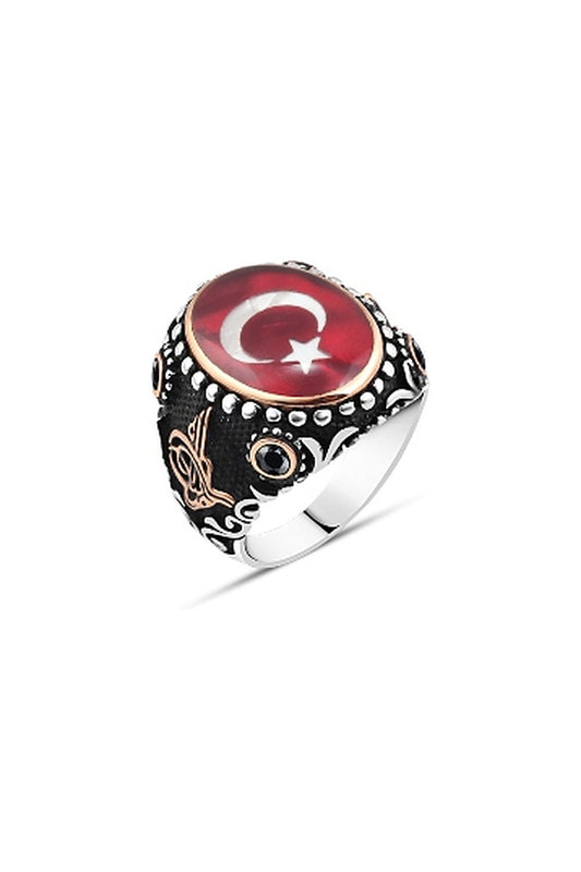 Mineli Türk Bayraklı Erkek Yüzük - Oval Hasır Desenli Kasa