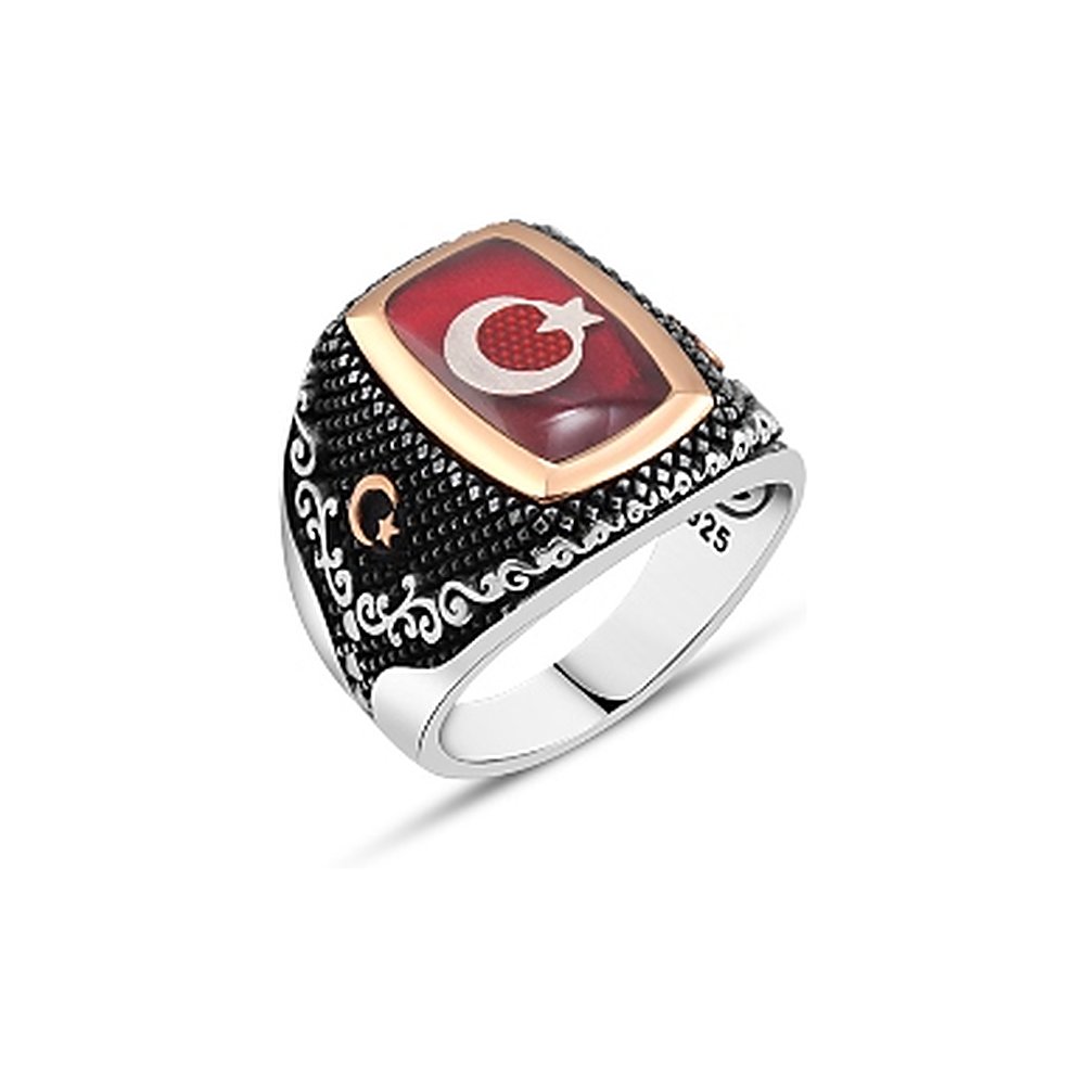 Mineli Türk Bayraklı Erkek Yüzük - Dikdörtgen Hasır Desenli Kasa