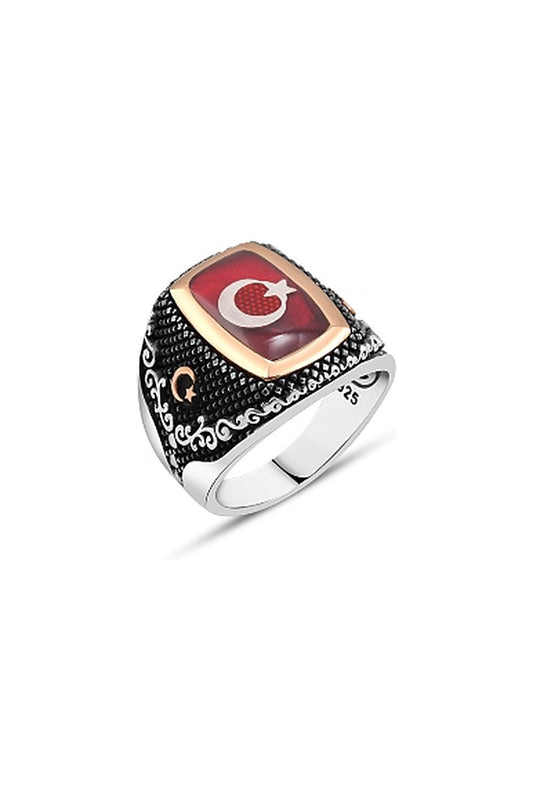 Mineli Türk Bayraklı Erkek Yüzük - Dikdörtgen Hasır Desenli Kasa