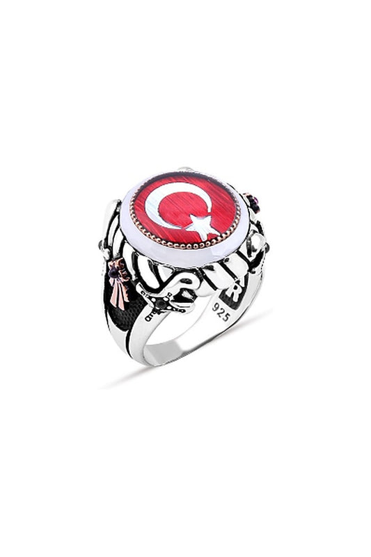 Mineli Türk Bayrağı Kenarı Çember Taşlı Erkek Yüzük - Beyaz Çemberli