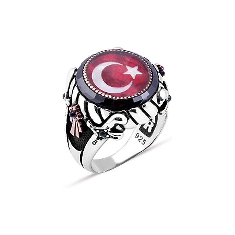 Mineli Türk Bayrağı Kenarı Çember Taşlı Erkek Yüzük - Bordo Çemberli