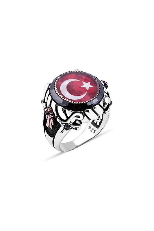 Mineli Türk Bayrağı Kenarı Çember Taşlı Erkek Yüzük - Bordo Çemberli