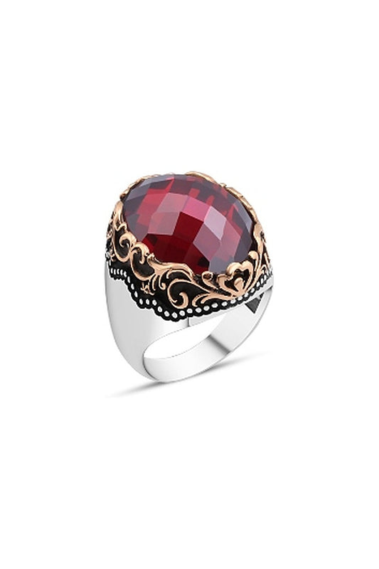 Kırmızı Zirkon Taşlı Erkek Yüzük - Oval Motifli Bordür