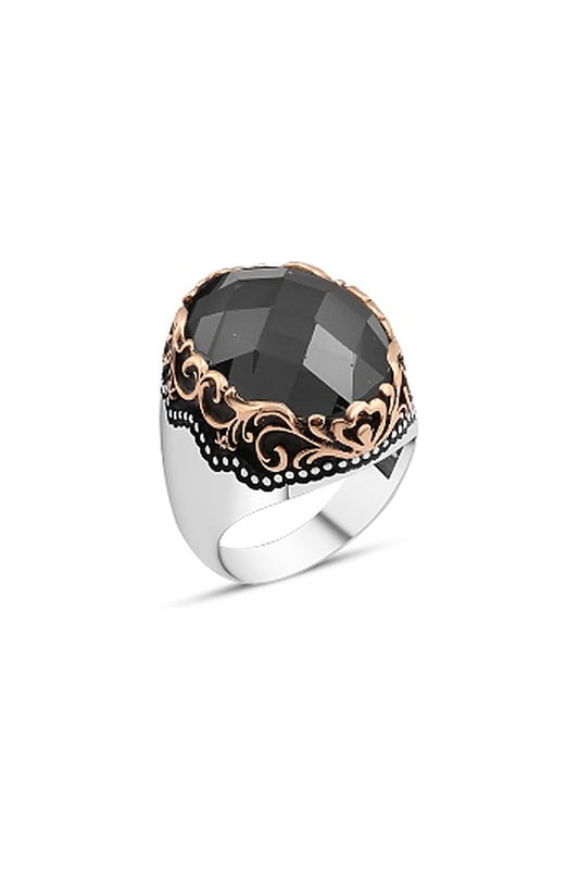 Siyah Zirkon Taşlı Erkek Yüzük - Oval Motifli Bordür