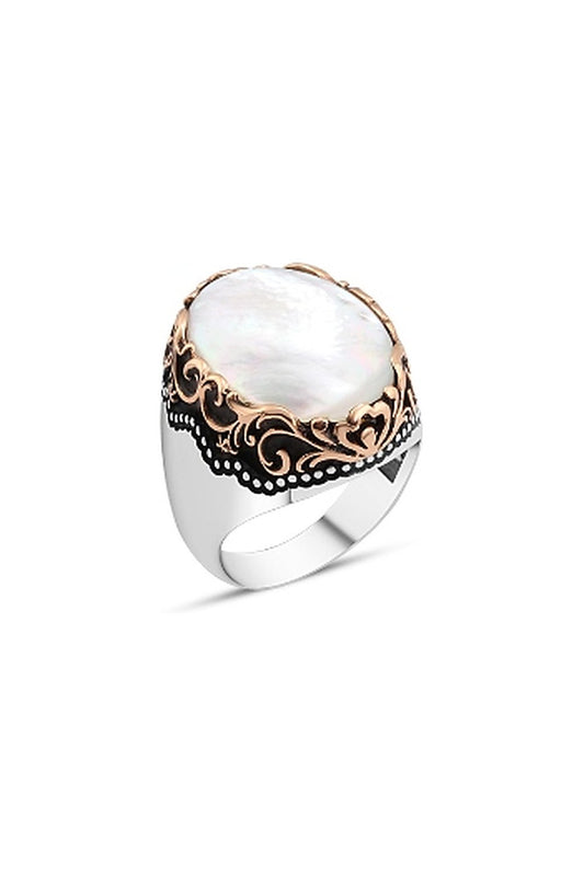 Düz Sedef Taşlı Erkek Yüzük - Oval Motifli Bordür