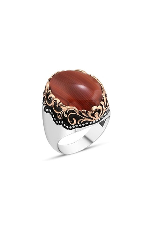 Düz Akik Taşlı Erkek Yüzük - Oval Motifli Bordür