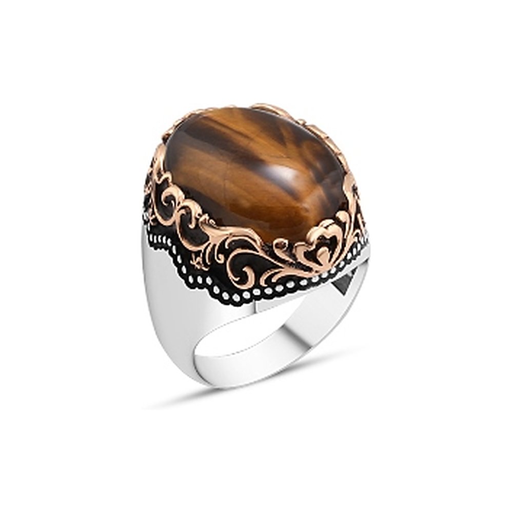 Kaplan Gözü Taşlı Erkek Yüzük - Oval Motifli Bordür