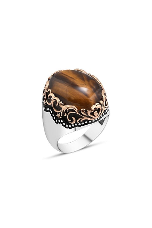 Kaplan Gözü Taşlı Erkek Yüzük - Oval Motifli Bordür