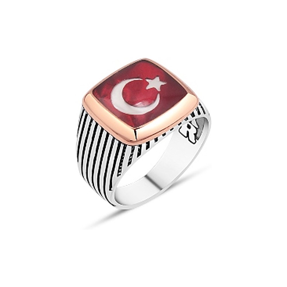 Mineli Türk Bayraklı Erkek Yüzük - Kare Çizgili Kasa