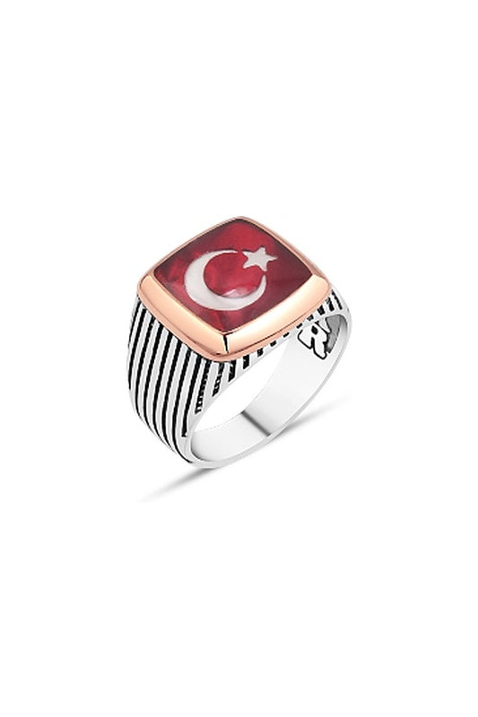 Mineli Türk Bayraklı Erkek Yüzük - Kare Çizgili Kasa