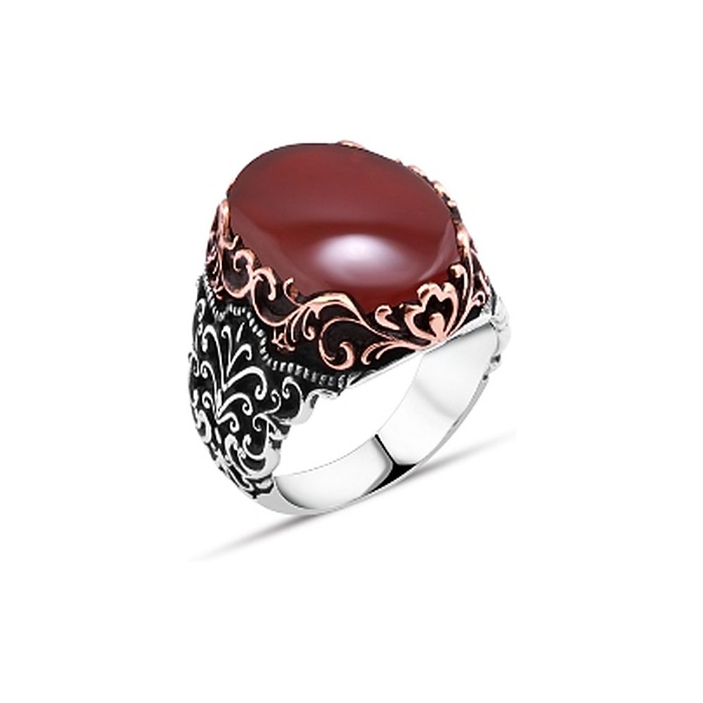 Akik Taşlı Erkek Yüzük - Oval Motifli Bordür