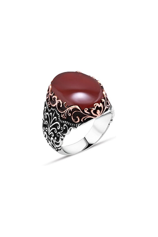 Akik Taşlı Erkek Yüzük - Oval Motifli Bordür