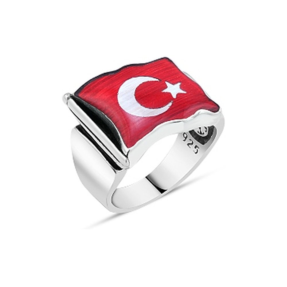 Dalgalı Bayrak Desenli Erkek Yüzük - Parlak Kırmızı