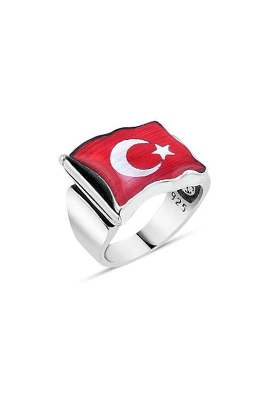Dalgalı Bayrak Desenli Erkek Yüzük - Parlak Kırmızı