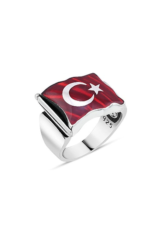 Dalgalı Bayrak Desenli Erkek Yüzük - Koyu Kırmızı
