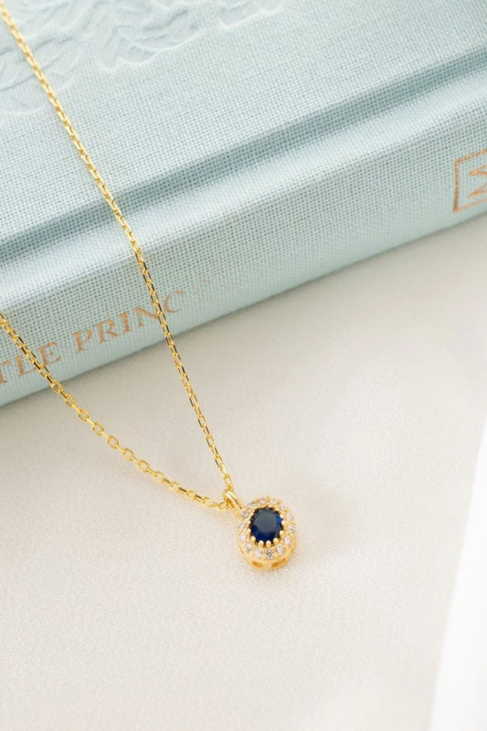 Eylül Ayı Doğum Taşı (Sapphire) 925 Ayar Altın Kaplama Gümüş Kolye