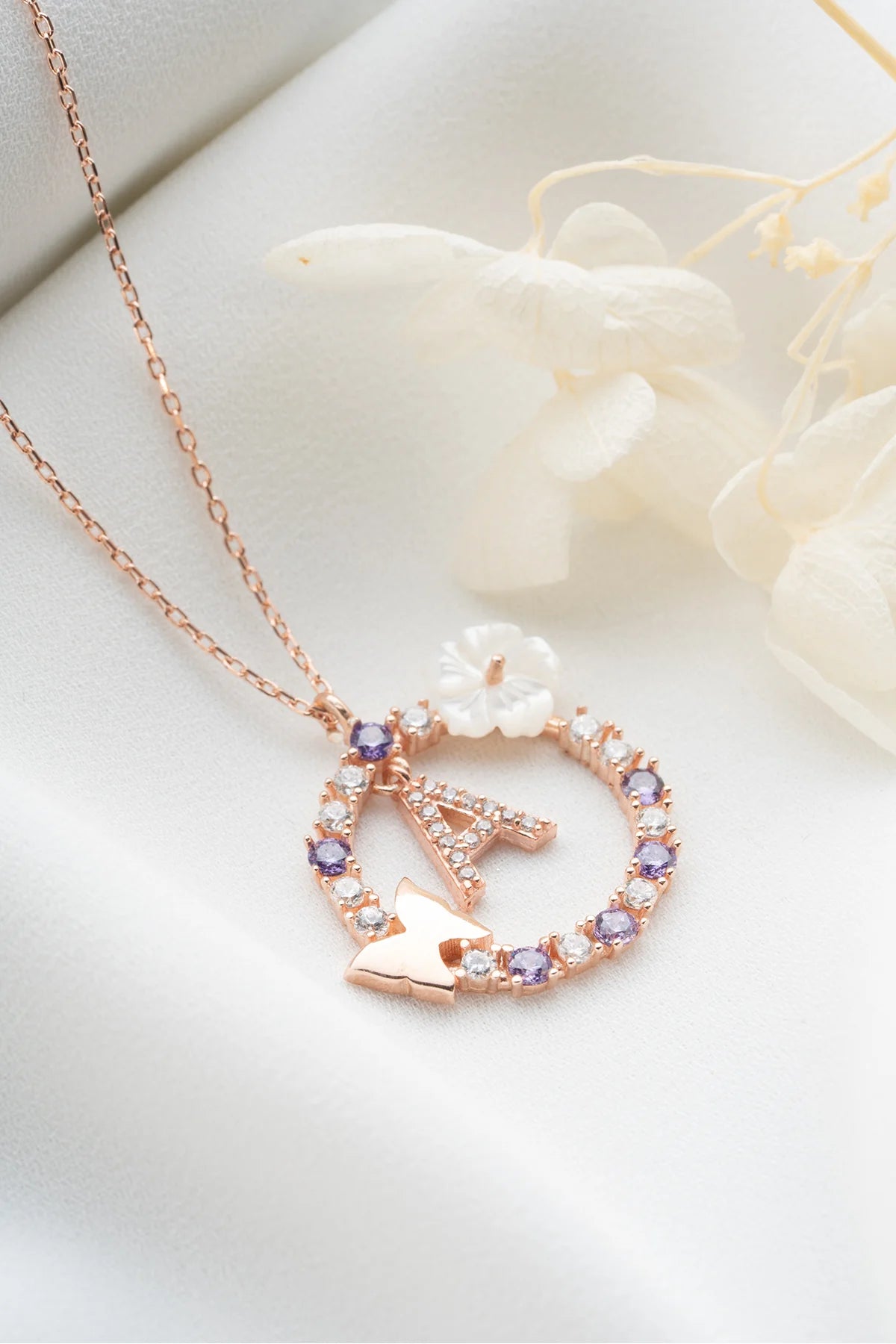 Harfli Kelebek 925 Ayar Rose Kaplama Gümüş Kolye