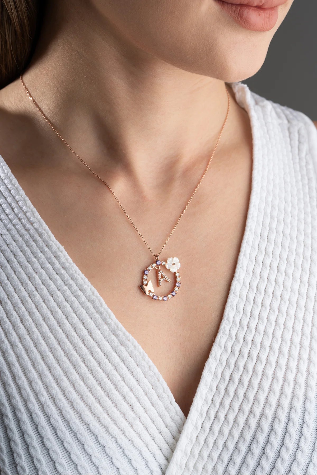 Harfli Kelebek 925 Ayar Rose Kaplama Gümüş Kolye