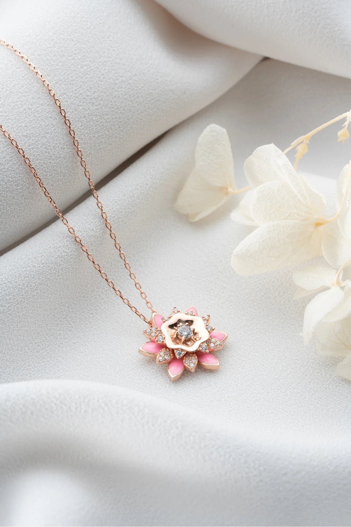Mineli Lotus Çiçeği 925 Ayar Rose Kaplama Gümüş Kolye – 2