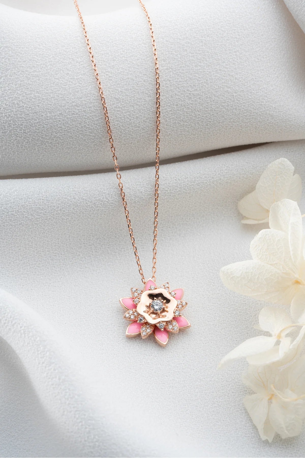 Mineli Lotus Çiçeği 925 Ayar Rose Kaplama Gümüş Kolye – 2