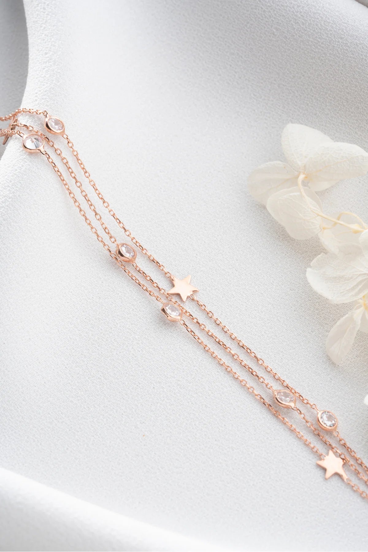 Yıldızlı 925 Ayar Rose Kaplama Gümüş Bileklik