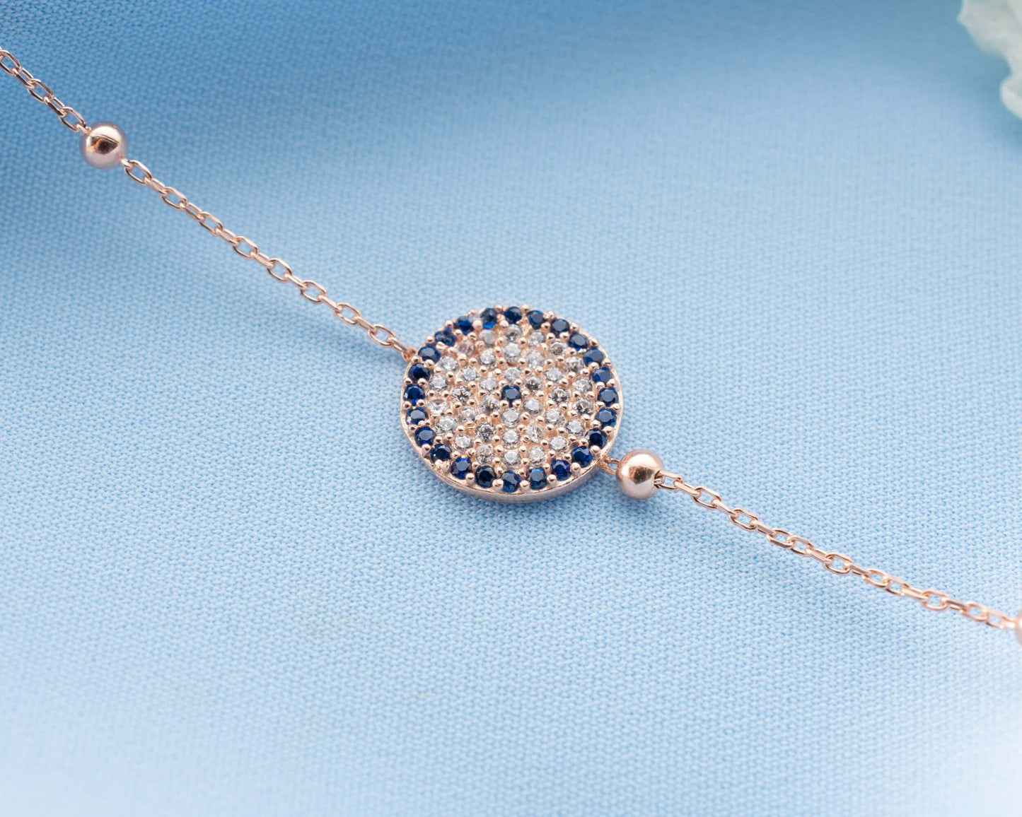 Mavi Zirkon Taşlı Nazar Boncuklu Gümüş Bileklik - ÖzelSen